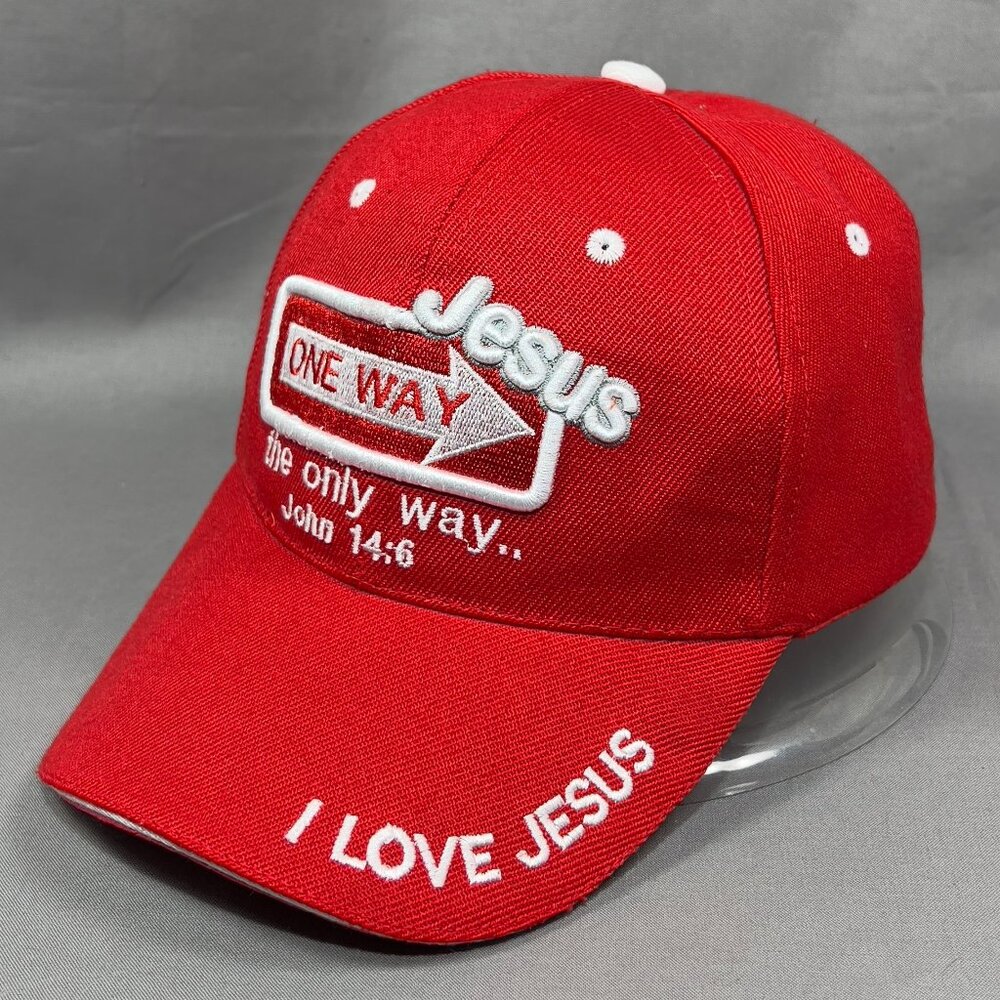 One Way Jesus Strapback Hat Cap Red Faith Christian Cross Catholic Baseball Mens